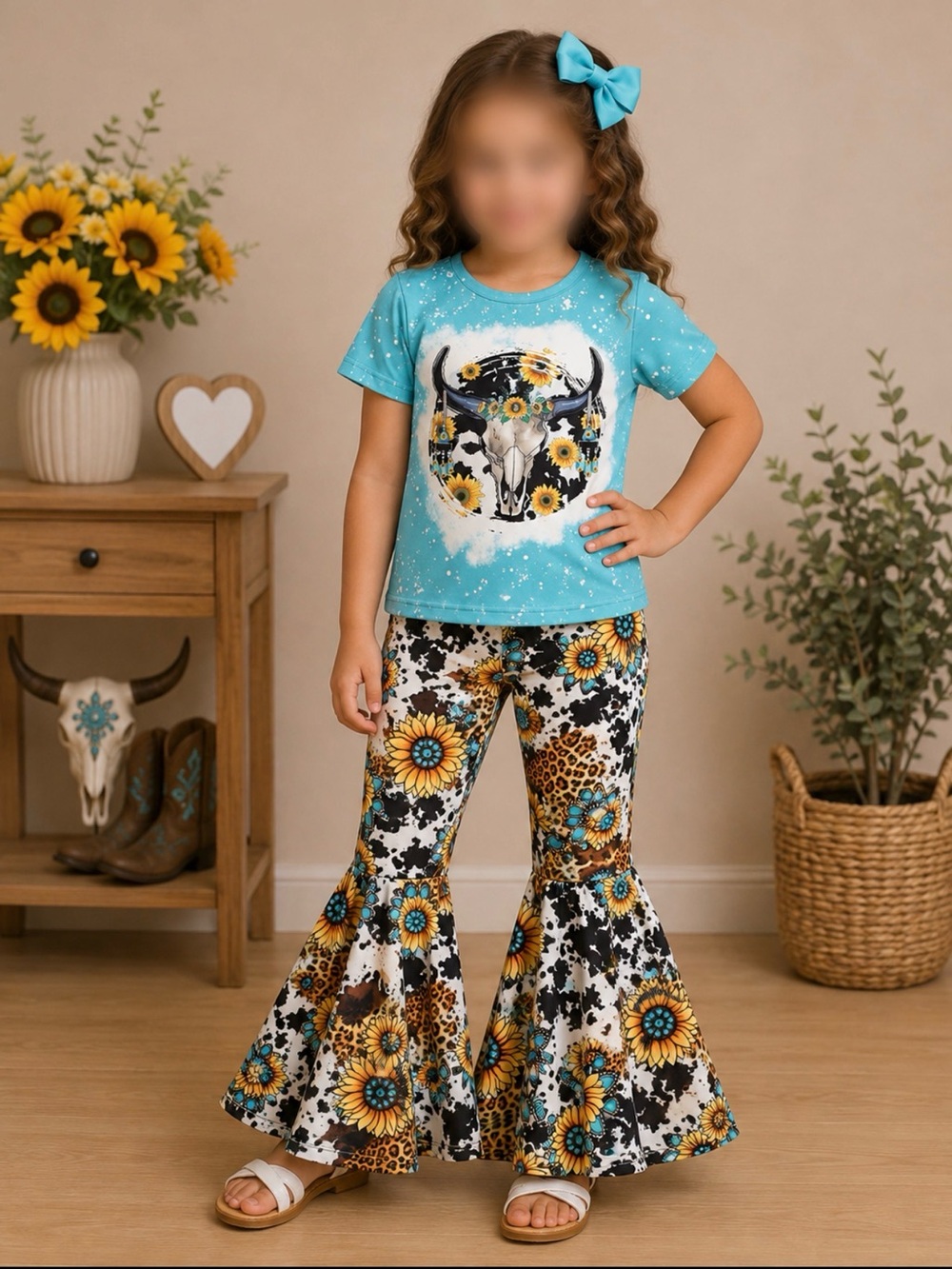 Girls Boutique Western Cow Skull Floral Graphic Top & Bell Bottom Pants Set